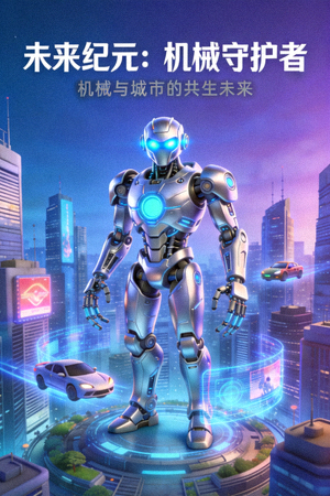 科幻动画片海报 - 未来机器人与城市景观